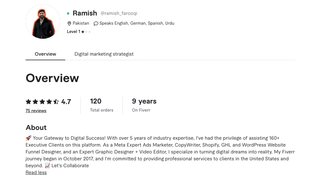 Fiverr profile overview showing 4.7 rating, 75 reviews and 120 total orders